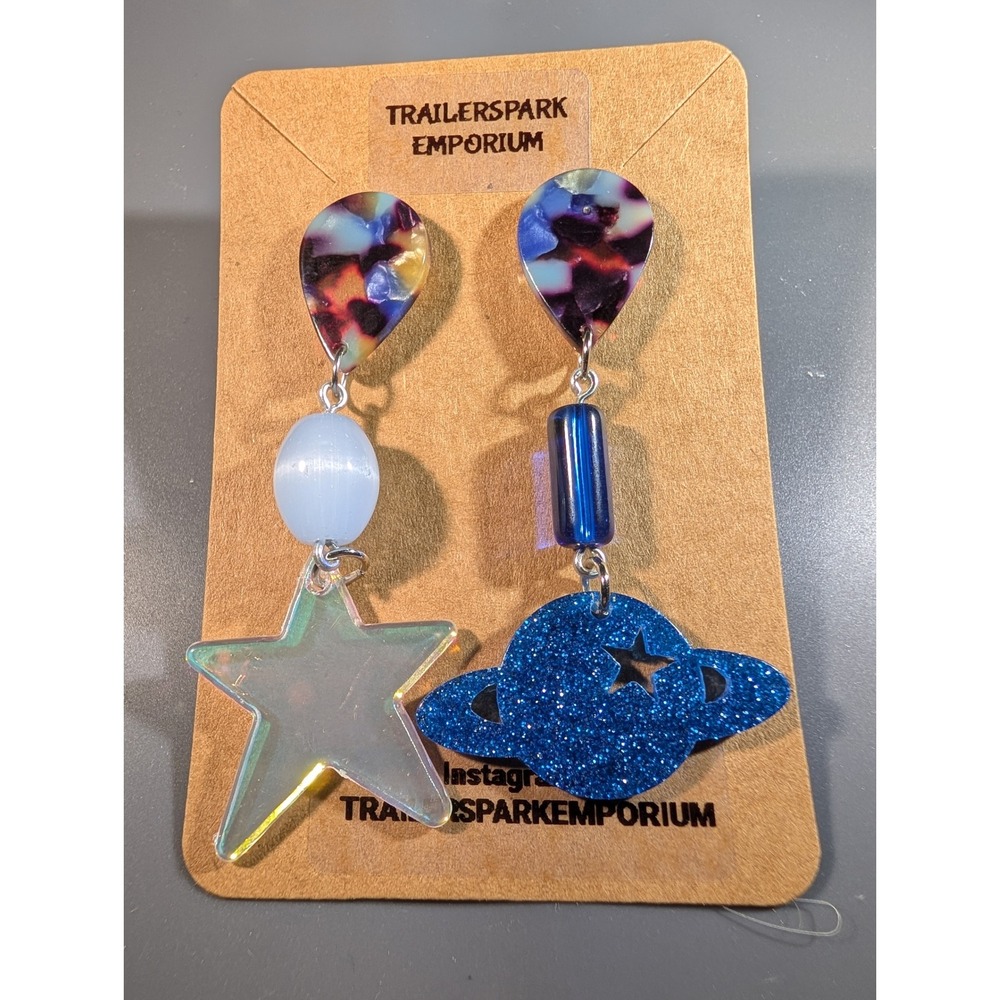 Trailerspark Emporium Celestial Mismatched Star Planet Drop Earrings Nickel Free